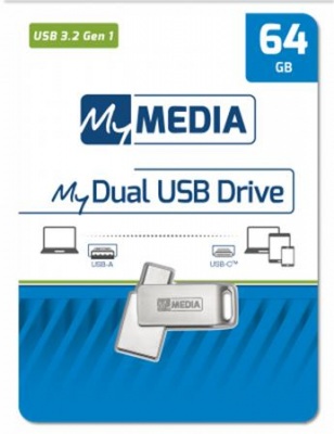 Pendrive, 64GB, USB 3.2 Gen1 + USB-C, alumínium ház, MYMEDIA "Dual" (by VERBATIM)