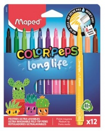 Filctoll készlet, 3,7 mm, kimosható, MAPED „Color`Peps Long Life 2”, 12 különböző szín
